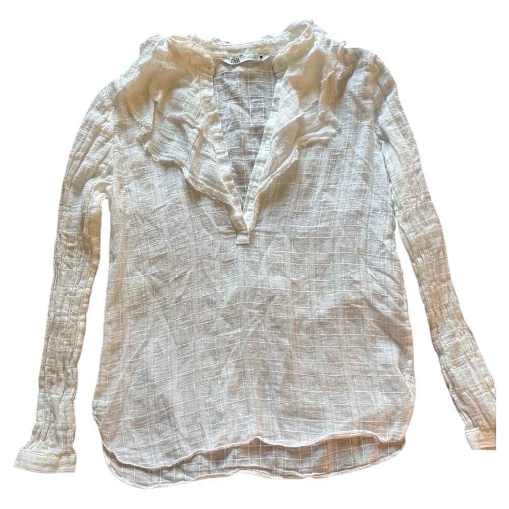 Zara Women's White Ruffled Detail Long Sleeve Top